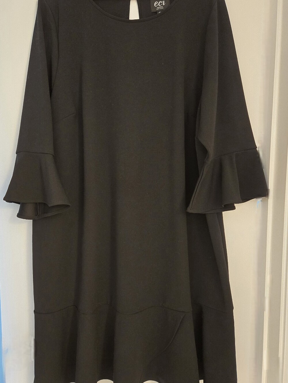 ECI Black Midi Shift Dress with Ruffle Sleeves